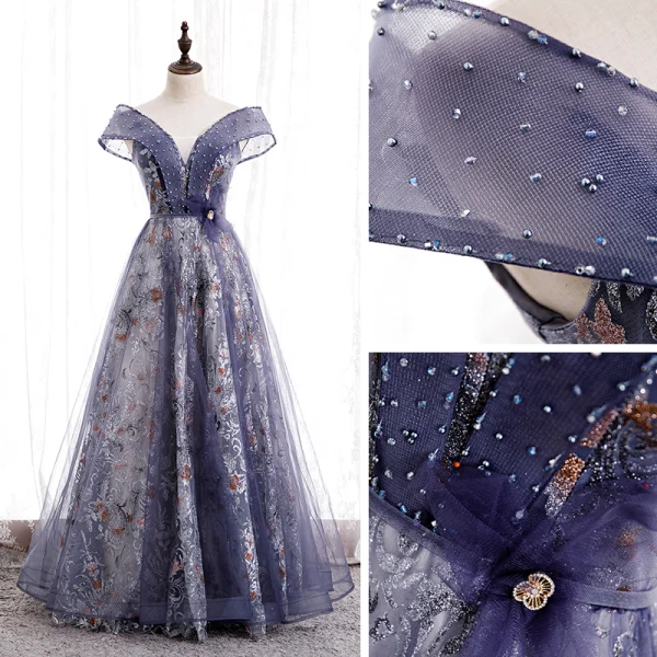 Fancy Purple Dancing Prom Dresses 2020 A-Line / Princess Off-The-Shoulder Short Sleeve Sash Beading Glitter Flower Tulle Floor-Length / Long Ruffle Backless Formal Dresses