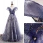 Fancy Purple Dancing Prom Dresses 2020 A-Line / Princess Off-The-Shoulder Short Sleeve Sash Beading Glitter Flower Tulle Floor-Length / Long Ruffle Backless Formal Dresses