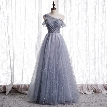 Best Grey Dancing Prom Dresses 2020 A Line Princess See Through Scoop Neck Short Sleeve Beading Pearl Glitter Tulle Floor Length Long Ruffle Backless Formal Dresses