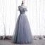 Best Grey Dancing Prom Dresses 2020 A-Line / Princess See-through Scoop Neck Short Sleeve Beading Pearl Glitter Tulle Floor-Length / Long Ruffle Backless Formal Dresses