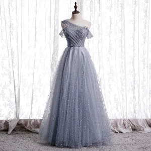 Beste Grå Dancing Ballkjoler 2020 Prinsesse Gjennomsiktig Scoop Halsen Korte Ermer Beading Perle Glitter Tyll Lange Buste Ryggløse Formelle Kjoler