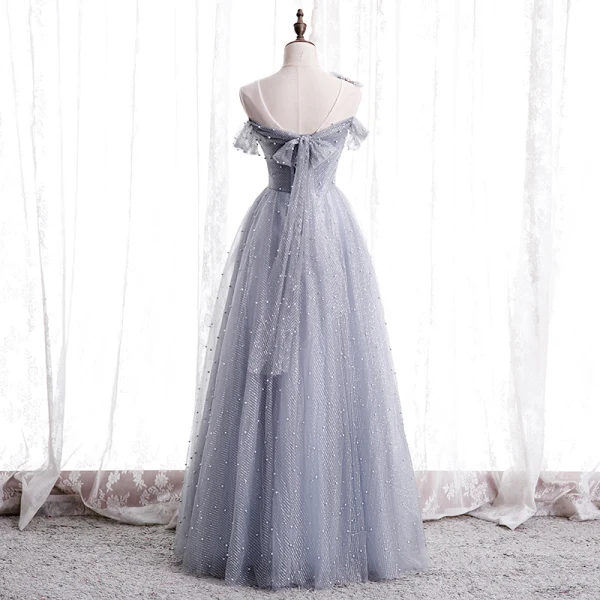 Best Grey Dancing Prom Dresses 2020 A-Line / Princess See-through Scoop Neck Short Sleeve Beading Pearl Glitter Tulle Floor-Length / Long Ruffle Backless Formal Dresses
