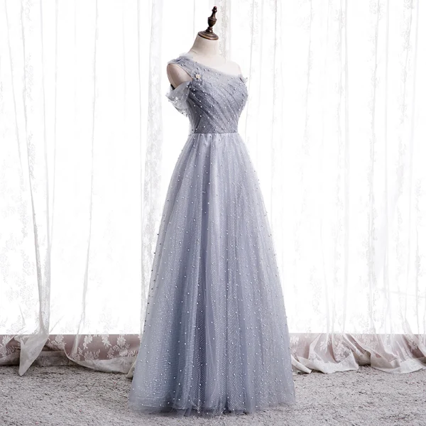 Best Grey Dancing Prom Dresses 2020 A-Line / Princess See-through Scoop Neck Short Sleeve Beading Pearl Glitter Tulle Floor-Length / Long Ruffle Backless Formal Dresses