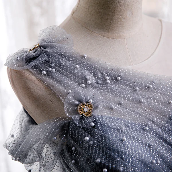 Best Grey Dancing Prom Dresses 2020 A-Line / Princess See-through Scoop Neck Short Sleeve Beading Pearl Glitter Tulle Floor-Length / Long Ruffle Backless Formal Dresses