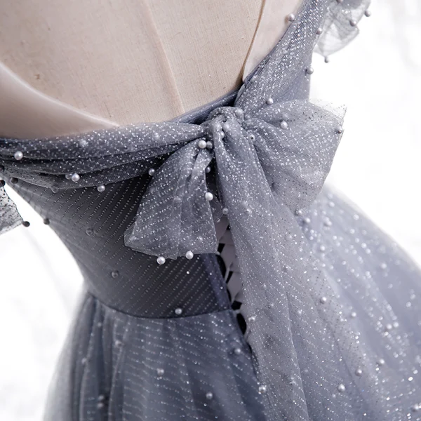 Best Grey Dancing Prom Dresses 2020 A-Line / Princess See-through Scoop Neck Short Sleeve Beading Pearl Glitter Tulle Floor-Length / Long Ruffle Backless Formal Dresses