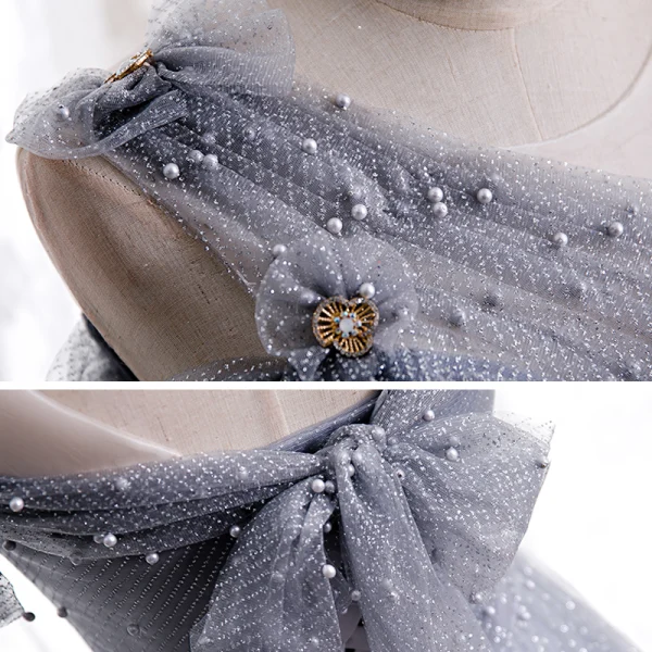 Best Grey Dancing Prom Dresses 2020 A-Line / Princess See-through Scoop Neck Short Sleeve Beading Pearl Glitter Tulle Floor-Length / Long Ruffle Backless Formal Dresses