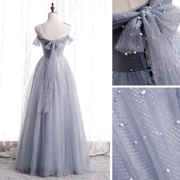 Best Grey Dancing Prom Dresses 2020 A-Line / Princess See-through Scoop Neck Short Sleeve Beading Pearl Glitter Tulle Floor-Length / Long Ruffle Backless Formal Dresses
