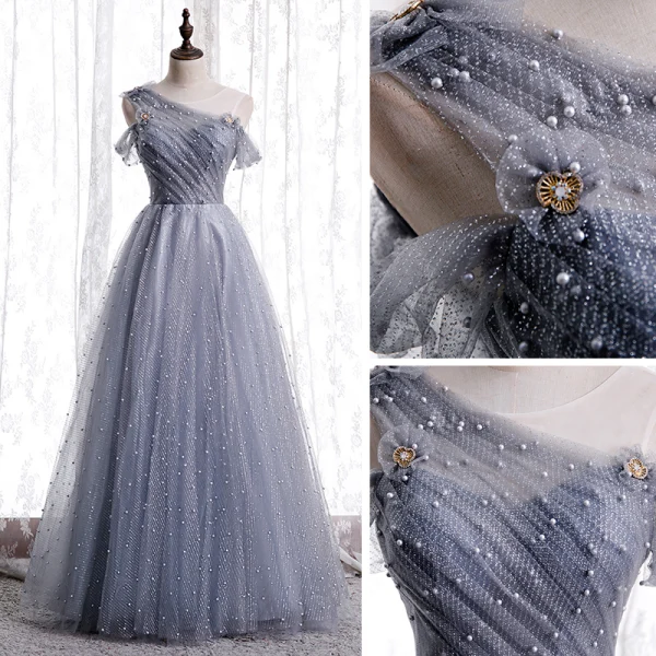 Best Grey Dancing Prom Dresses 2020 A-Line / Princess See-through Scoop Neck Short Sleeve Beading Pearl Glitter Tulle Floor-Length / Long Ruffle Backless Formal Dresses
