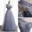 Best Grey Dancing Prom Dresses 2020 A-Line / Princess See-through Scoop Neck Short Sleeve Beading Pearl Glitter Tulle Floor-Length / Long Ruffle Backless Formal Dresses
