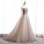 Charmant Champagne Dansant Robe De Bal 2020 Princesse Transparentes Encolure Dégagée Manches Longues Perlage Glitter Tulle Train De Balayage Volants Dos Nu Robe De Ceremonie
