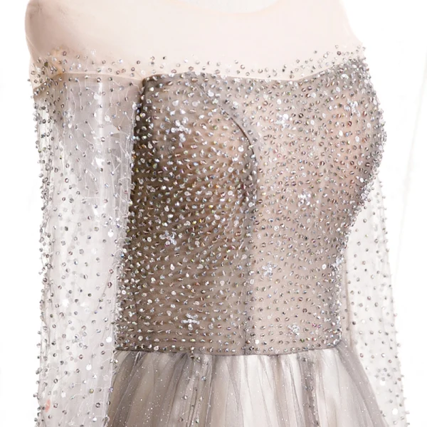 Charmant Champagne Dansant Robe De Bal 2020 Princesse Transparentes Encolure Dégagée Manches Longues Perlage Glitter Tulle Train De Balayage Volants Dos Nu Robe De Ceremonie