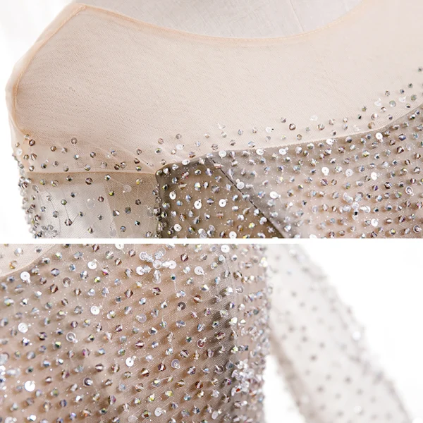 Charmant Champagne Dansant Robe De Bal 2020 Princesse Transparentes Encolure Dégagée Manches Longues Perlage Glitter Tulle Train De Balayage Volants Dos Nu Robe De Ceremonie