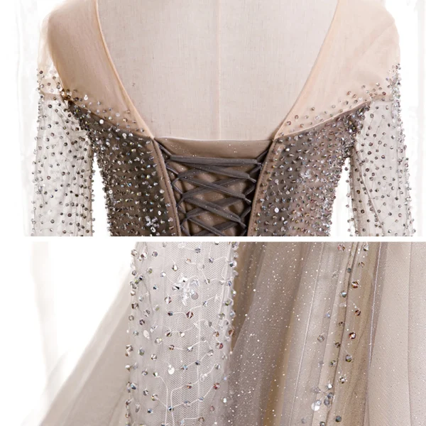 Charmant Champagne Dansant Robe De Bal 2020 Princesse Transparentes Encolure Dégagée Manches Longues Perlage Glitter Tulle Train De Balayage Volants Dos Nu Robe De Ceremonie