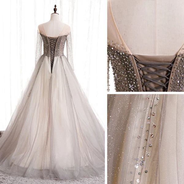 Charmant Champagne Dansant Robe De Bal 2020 Princesse Transparentes Encolure Dégagée Manches Longues Perlage Glitter Tulle Train De Balayage Volants Dos Nu Robe De Ceremonie
