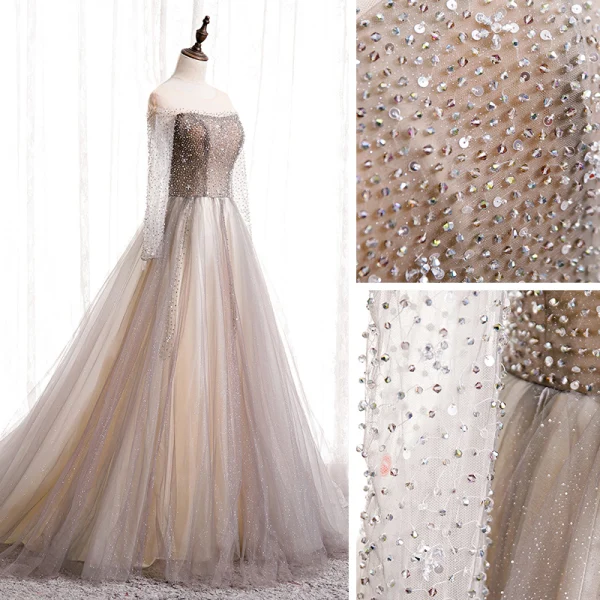 Charmant Champagne Dansant Robe De Bal 2020 Princesse Transparentes Encolure Dégagée Manches Longues Perlage Glitter Tulle Train De Balayage Volants Dos Nu Robe De Ceremonie