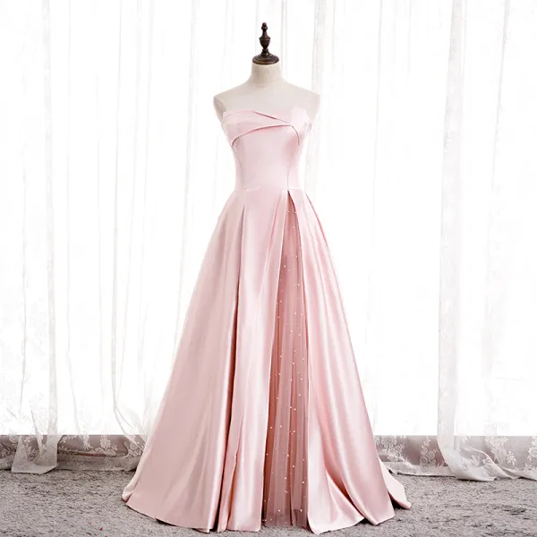 Fashion Blushing Pink Satin Prom Dresses 2020 A-Line / Princess Strapless Sleeveless Beading Pearl Floor-Length / Long Ruffle Backless Formal Dresses