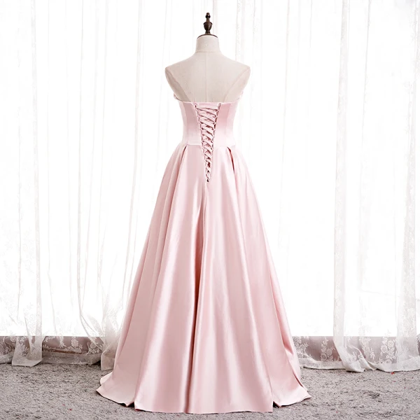 Fashion Blushing Pink Satin Prom Dresses 2020 A-Line / Princess Strapless Sleeveless Beading Pearl Floor-Length / Long Ruffle Backless Formal Dresses