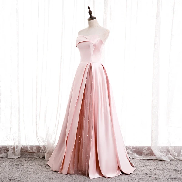 Fashion Blushing Pink Satin Prom Dresses 2020 A-Line / Princess Strapless Sleeveless Beading Pearl Floor-Length / Long Ruffle Backless Formal Dresses