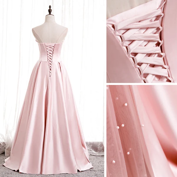 Fashion Blushing Pink Satin Prom Dresses 2020 A-Line / Princess Strapless Sleeveless Beading Pearl Floor-Length / Long Ruffle Backless Formal Dresses
