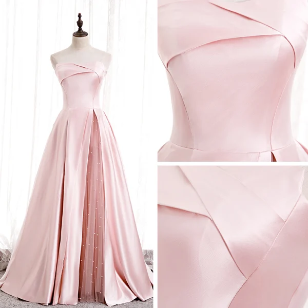 Fashion Blushing Pink Satin Prom Dresses 2020 A-Line / Princess Strapless Sleeveless Beading Pearl Floor-Length / Long Ruffle Backless Formal Dresses