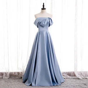 Simple Bleu Ciel Satin Dansant Robe De Bal 2020 Princesse Bustier Sans Manches Perlage Perle Longue Volants Dos Nu Robe De Ceremonie