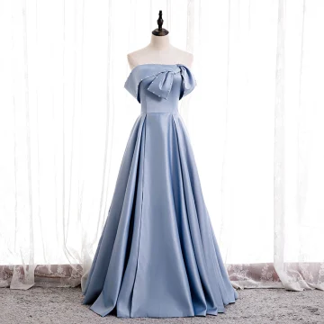 Modest Simple Sky Blue Satin Dancing Prom Dresses 2020 A Line Princess Strapless Sleeveless Beading Pearl Floor Length Long Ruffle Backless Formal Dresses