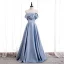 Modest / Simple Sky Blue Satin Dancing Prom Dresses 2020 A-Line / Princess Strapless Sleeveless Beading Pearl Floor-Length / Long Ruffle Backless Formal Dresses