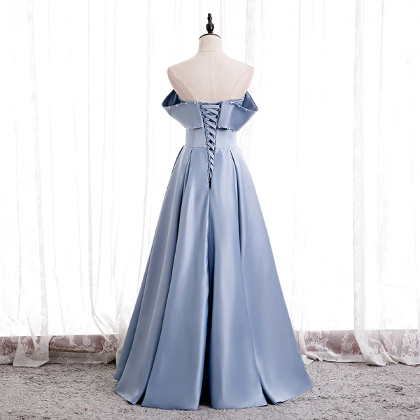 Modest / Simple Sky Blue Satin Dancing Prom Dresses 2020 A-Line / Princess Strapless Sleeveless Beading Pearl Floor-Length / Long Ruffle Backless Formal Dresses