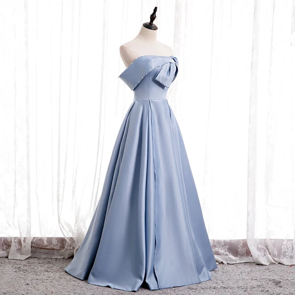 Modest / Simple Sky Blue Satin Dancing Prom Dresses 2020 A-Line / Princess Strapless Sleeveless Beading Pearl Floor-Length / Long Ruffle Backless Formal Dresses