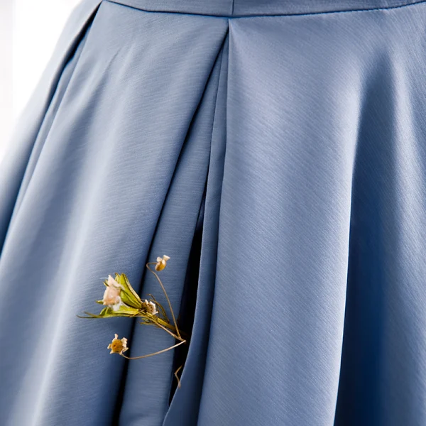 Modest / Simple Sky Blue Satin Dancing Prom Dresses 2020 A-Line / Princess Strapless Sleeveless Beading Pearl Floor-Length / Long Ruffle Backless Formal Dresses
