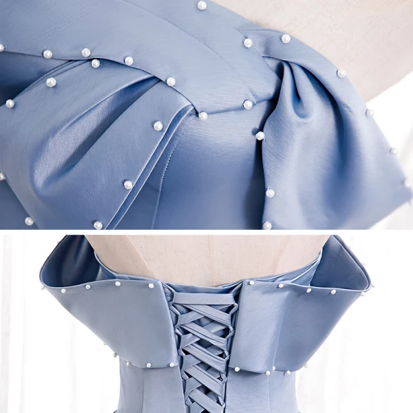 Modest / Simple Sky Blue Satin Dancing Prom Dresses 2020 A-Line / Princess Strapless Sleeveless Beading Pearl Floor-Length / Long Ruffle Backless Formal Dresses