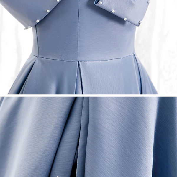 Modest / Simple Sky Blue Satin Dancing Prom Dresses 2020 A-Line / Princess Strapless Sleeveless Beading Pearl Floor-Length / Long Ruffle Backless Formal Dresses