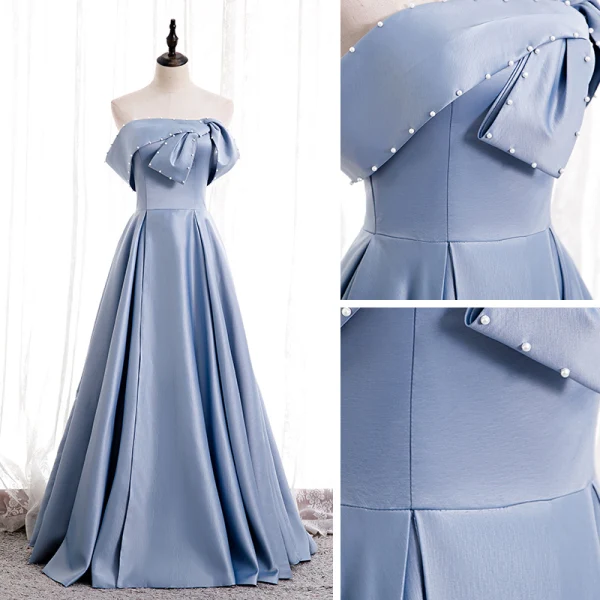 Modest / Simple Sky Blue Satin Dancing Prom Dresses 2020 A-Line / Princess Strapless Sleeveless Beading Pearl Floor-Length / Long Ruffle Backless Formal Dresses
