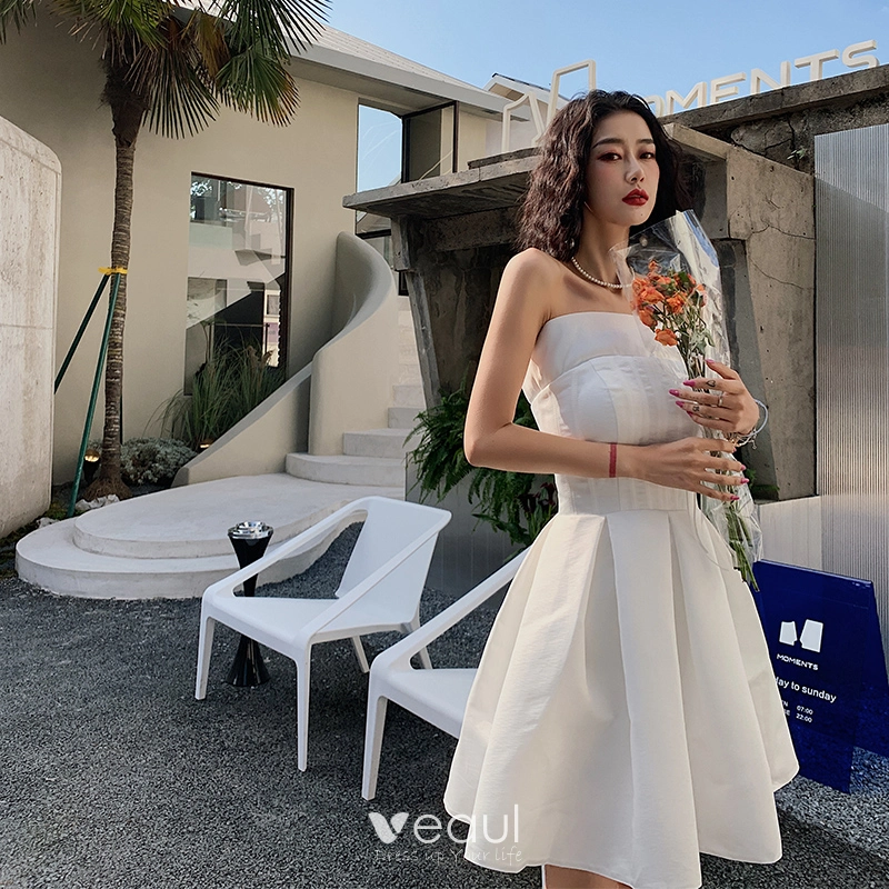 green emerald velvet dress Zapaka Women Strapless Graduation Dress White Sweetheart A Line Chiffon Ruffles Short Party Dress, White / US6