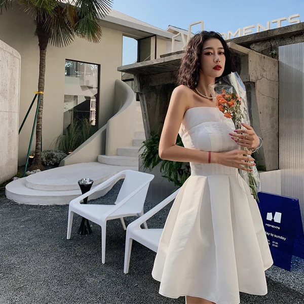 Modest / Simple White Homecoming Graduation Dresses 2020 A-Line / Princess Strapless Sleeveless Short Ruffle Backless Formal Dresses Modest / Simple White Homecoming Graduation Dresses 2020 A-Line / Princess Strapless Sleeveless Short Ruffle Backless Formal Dresses
