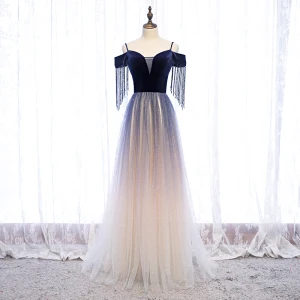 Fine Mørk Marineblå Gradient Farge Dancing Ballkjoler 2020 Prinsesse Spaghettistropper Korte Ermer Beading Dusk Glitter Tyll Lange Ryggløse Formelle Kjoler