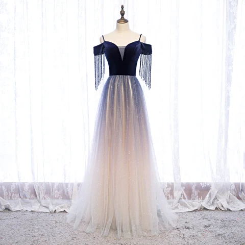 Fine Mørk Marineblå Gradient-Farge Dancing Ballkjoler 2020 Prinsesse Spaghettistropper Korte Ermer Beading Dusk Glitter Tyll Lange Ryggløse Formelle Kjoler