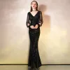 Sparkly Black Sequins Evening Dresses  2020 Trumpet / Mermaid V-Neck Beading Long Sleeve Floor-Length / Long Formal Dresses