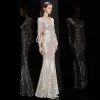 Sparkly Black Sequins Evening Dresses  2020 Trumpet / Mermaid V-Neck Beading Long Sleeve Floor-Length / Long Formal Dresses