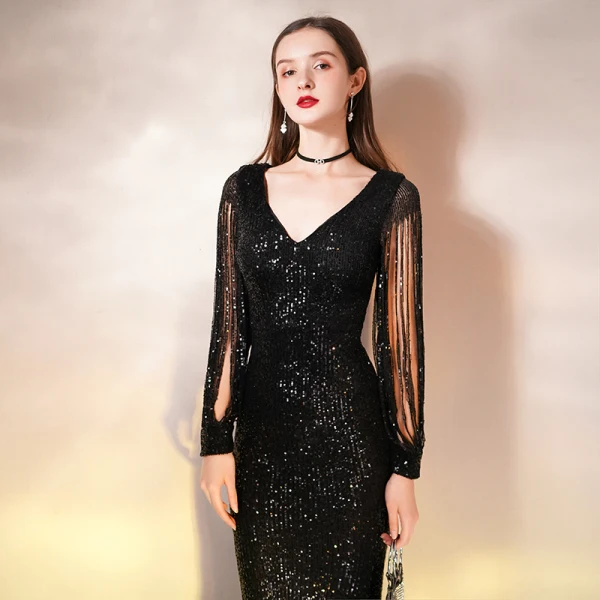 Sparkly Black Sequins Evening Dresses 2020 Trumpet / Mermaid V-Neck Beading Long Sleeve Floor-Length / Long Sparkly Black Sequins Evening Dresses 2020 Trumpet / Mermaid V-Neck Beading Long Sleeve Floor-Length / Long