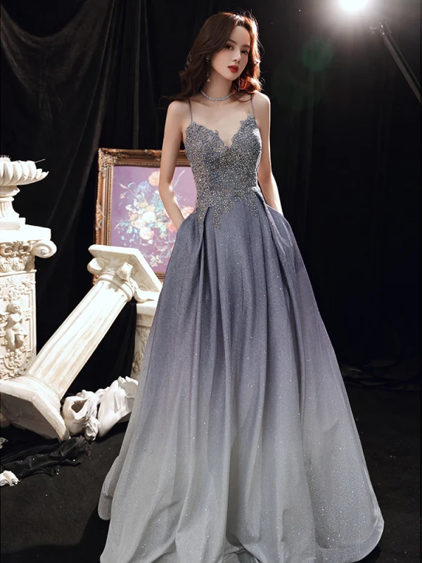 Sexy Navy Blue Gradient-Color See-through Prom Dresses 2020 A-Line / Princess Spaghetti Straps Sleeveless Appliques Lace Beading Glitter Polyester Floor-Length / Long Backless Sexy Navy Blue Gradient-Color See-through Prom Dresses 2020 A-Line / Princess Spaghetti Straps Sleeveless Appliques Lace Beading Glitter Polyester Floor-Length / Long Backless