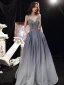 Sexy Bleu Marine Dégradé De Couleur Transparentes Robe De Bal 2020 Princesse Bretelles Spaghetti Sans Manches Appliques En Dentelle Perlage Glitter Polyester Longue Dos Nu