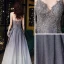 Sexy Bleu Marine Dégradé De Couleur Transparentes Robe De Bal 2020 Princesse Bretelles Spaghetti Sans Manches Appliques En Dentelle Perlage Glitter Polyester Longue Dos Nu