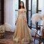 Chic / Beautiful Gold Prom Dresses 2020 A-Line / Princess Off-The-Shoulder Short Sleeve Glitter Polyester Floor-Length / Long Ruffle Backless Formal Dresses