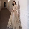 Chic / Beautiful Gold Prom Dresses 2020 A-Line / Princess Off-The-Shoulder Short Sleeve Glitter Polyester Floor-Length / Long Ruffle Backless Formal Dresses