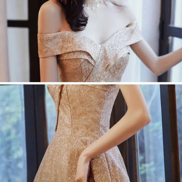 Chic / Beautiful Gold Prom Dresses 2020 A-Line / Princess Off-The-Shoulder Short Sleeve Glitter Polyester Floor-Length / Long Ruffle Backless Formal Dresses