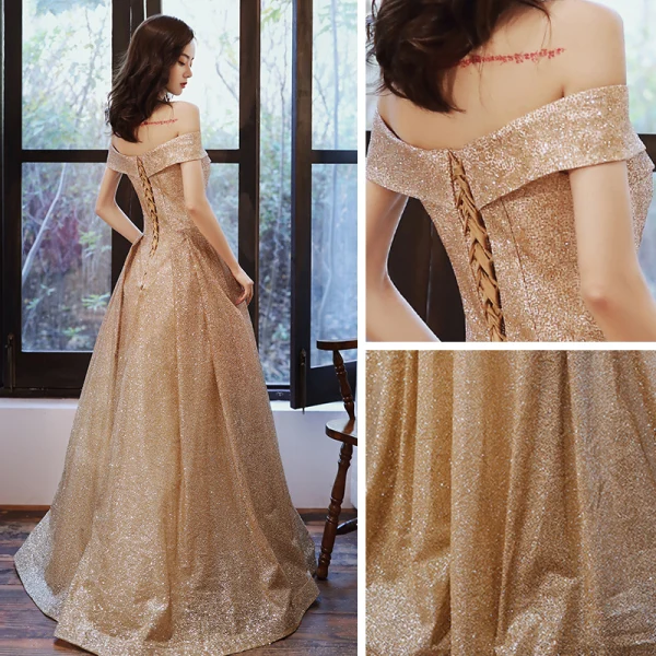 Chic / Beautiful Gold Prom Dresses 2020 A-Line / Princess Off-The-Shoulder Short Sleeve Glitter Polyester Floor-Length / Long Ruffle Backless Formal Dresses
