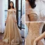 Chic / Beautiful Gold Prom Dresses 2020 A-Line / Princess Off-The-Shoulder Short Sleeve Glitter Polyester Floor-Length / Long Ruffle Backless Formal Dresses