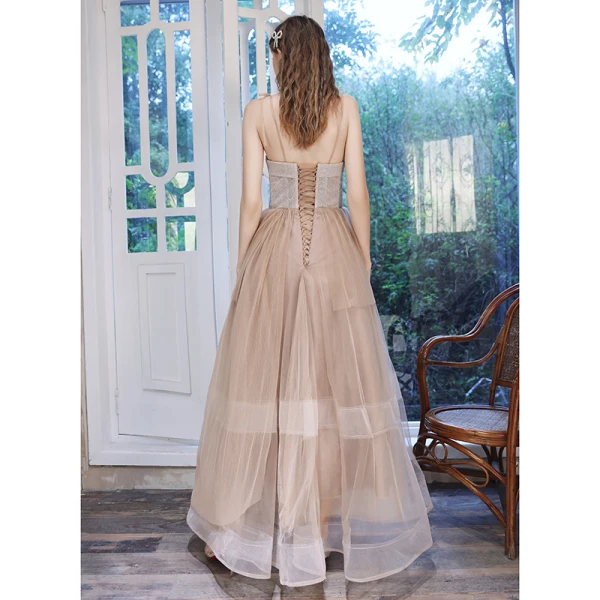 Flotte Champagne Gallakjoler 2020 Prinsesse Spaghetti Straps Ærmeløs Beading Glitter Tulle Lange Flæse Halterneck Kjoler