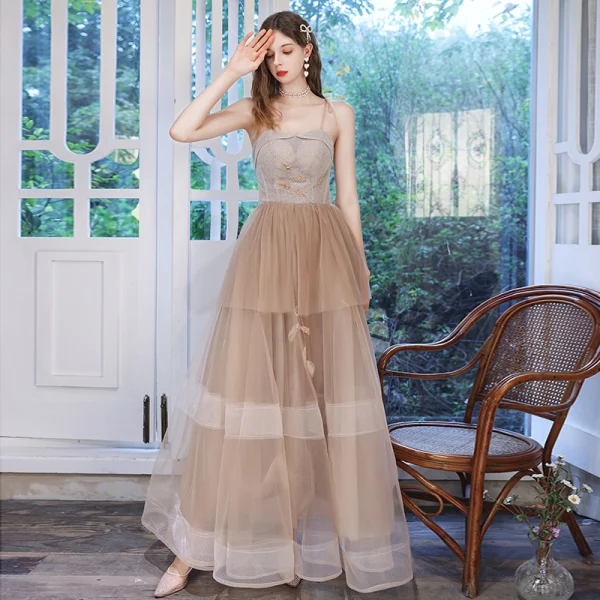 Flotte Champagne Gallakjoler 2020 Prinsesse Spaghetti Straps Ærmeløs Beading Glitter Tulle Lange Flæse Halterneck Kjoler